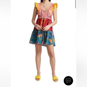 Farm Rio Cross-Stitch Embroidered Tiered Cotton Minidress